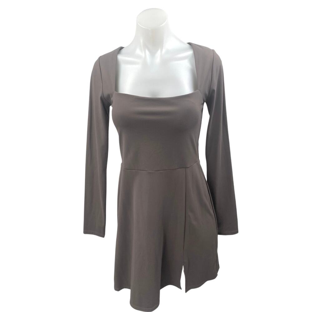 NEW Qinsen Gray Long Sleeve Square Neck Slit A Line Skater Mini Dress Size 8